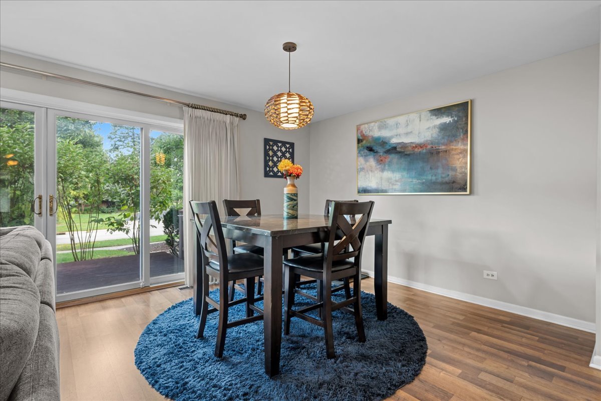 Dining room with a dark wood table, blue rug, and sliding glass doors to a leafy yard.