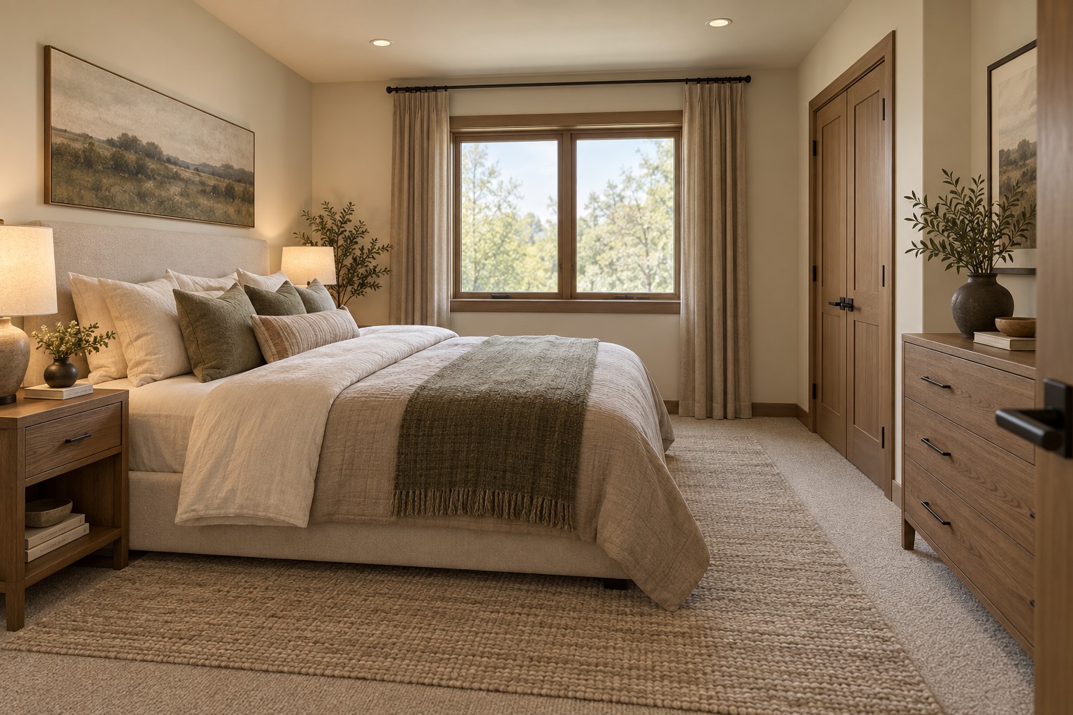 Furnished bedroom with a neutral layered bed, wood furniture, and a window overlooking leafy trees.
