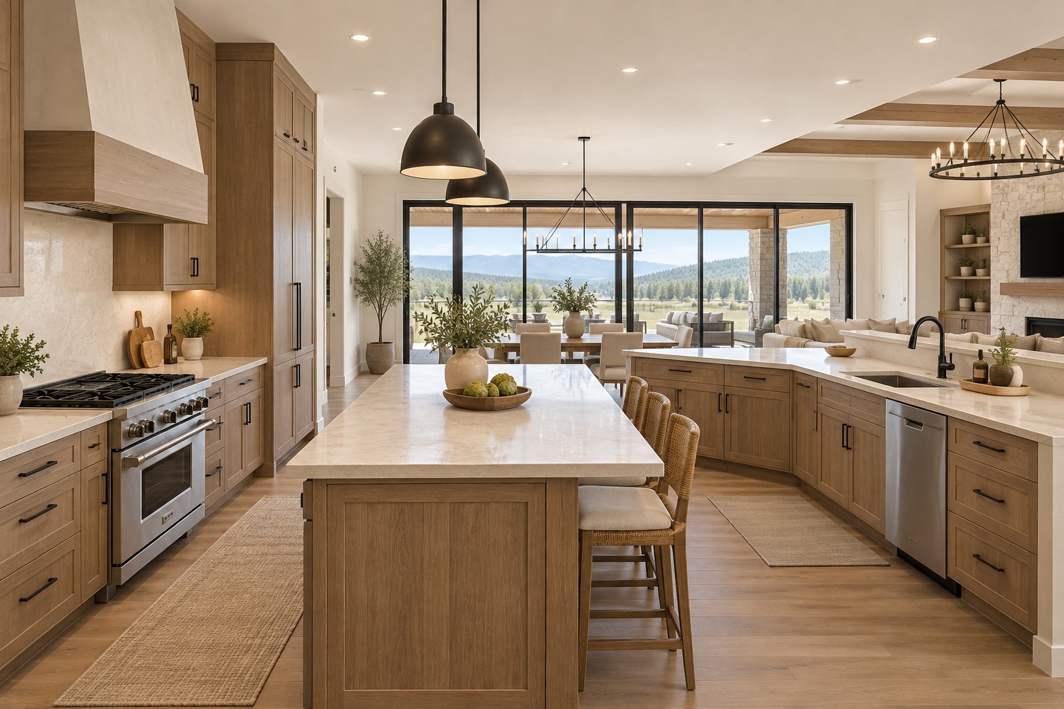 Open kitchen with a large island, wood cabinetry, and mountain views through glass doors.