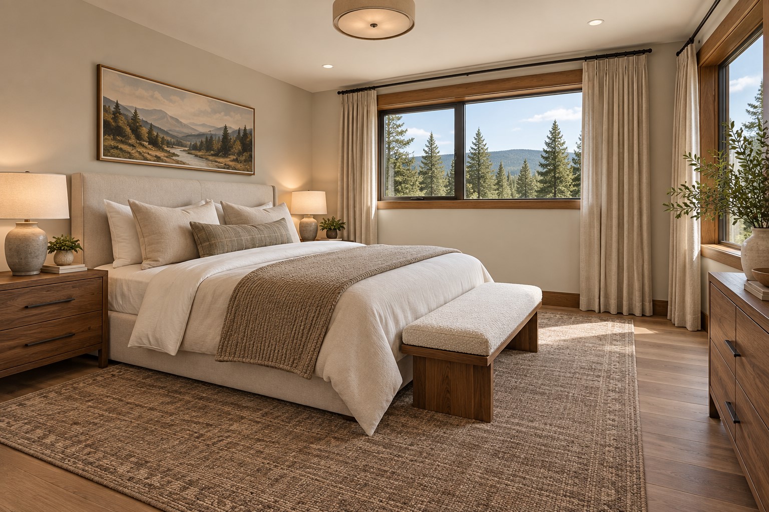 Furnished bedroom with a neutral upholstered bed and wide windows overlooking pine trees and hills.