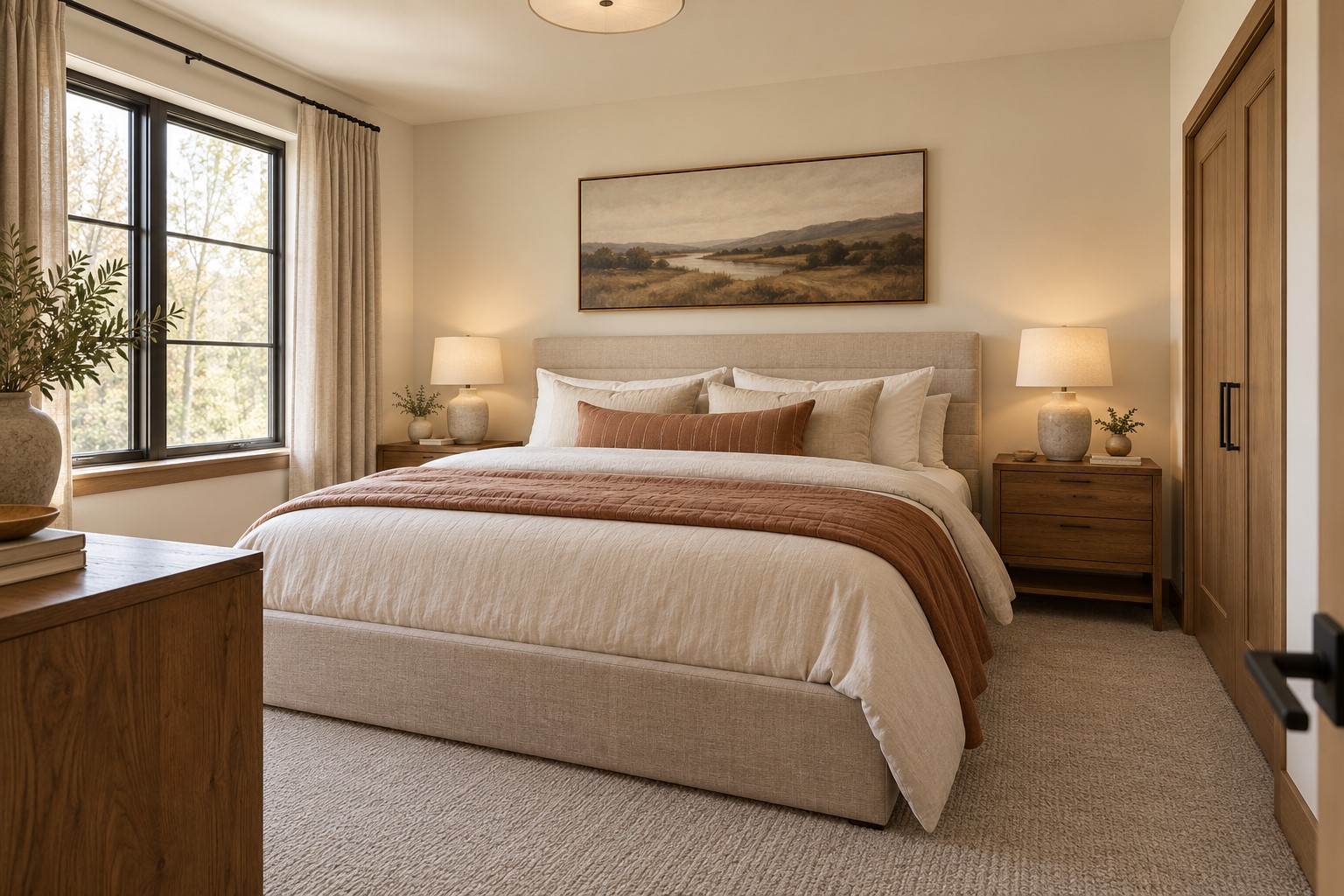 Staged bedroom with a cream bed, rust-colored throw, wide window, and wood wardrobe.