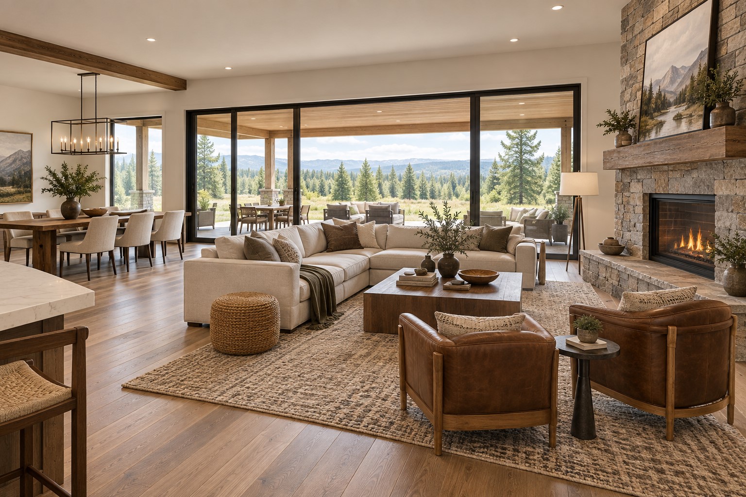 Open-plan living room with stone fireplace and glass doors overlooking forested mountains