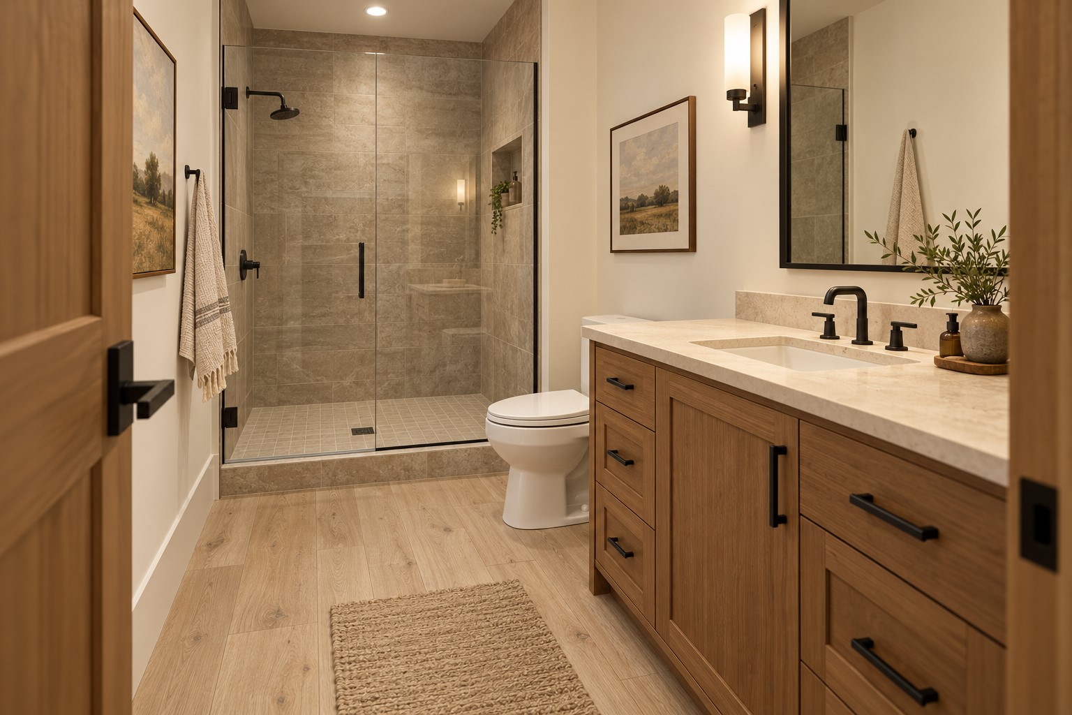 Bathroom with a glass-enclosed tiled shower and wood vanity with a stone countertop.