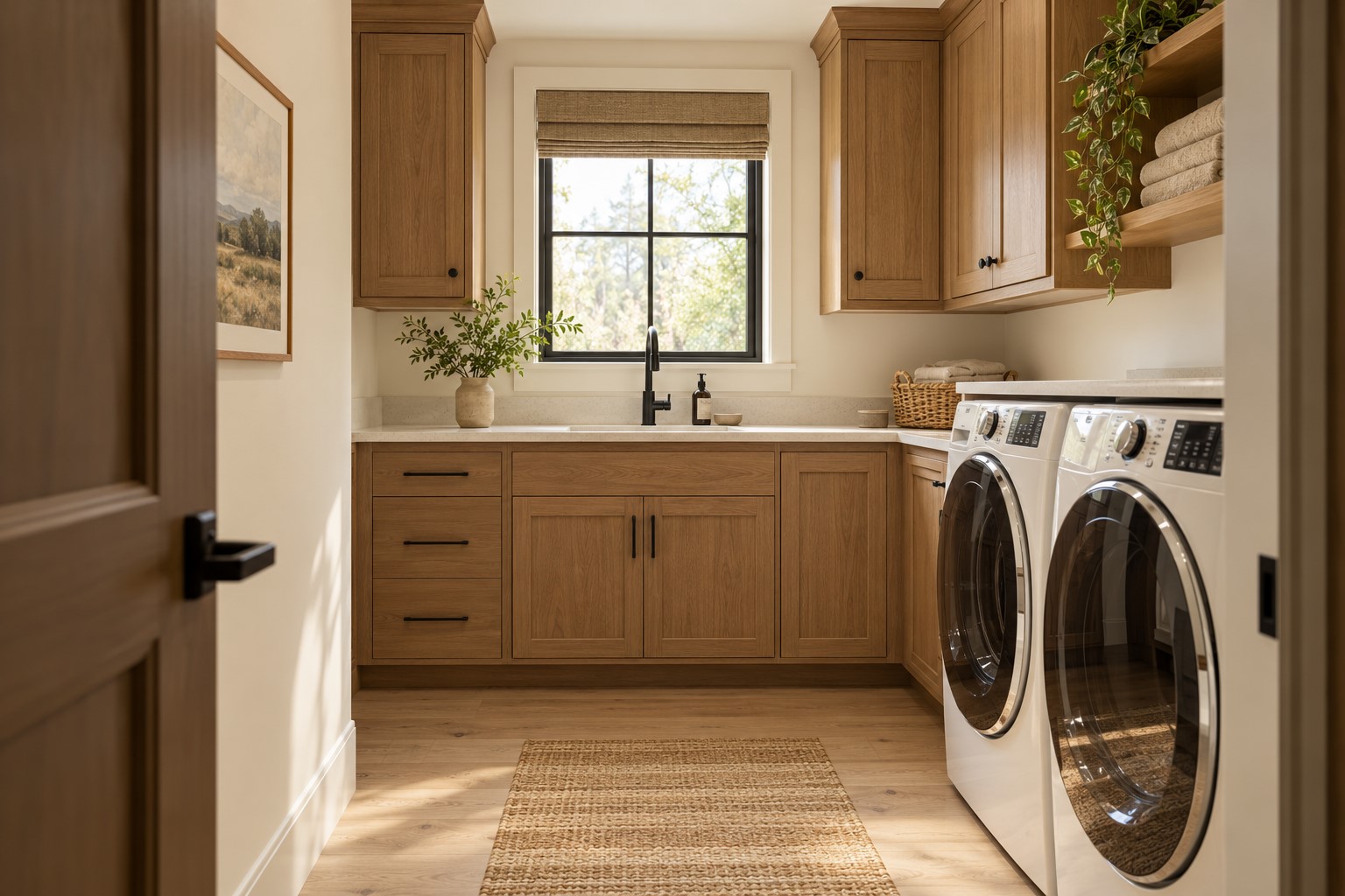 Laundry room with front-loading washer and dryer, warm wood cabinets, and a window above the sink.
