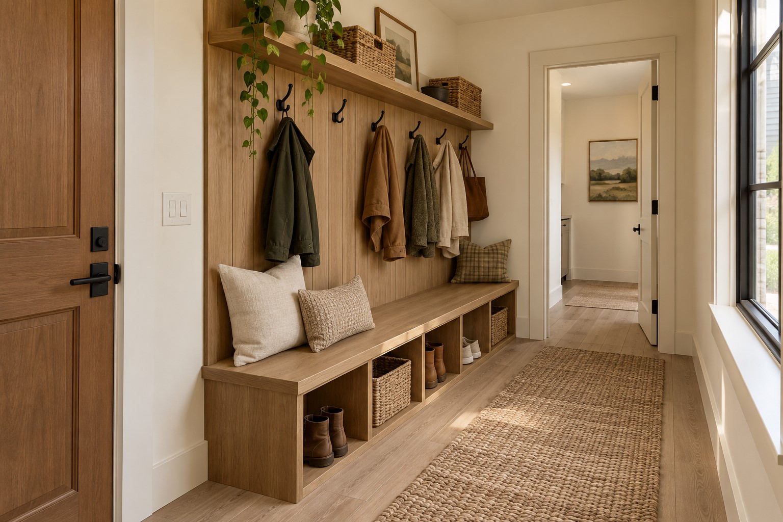 Entryway with a built-in oak bench, coat hooks, storage cubbies, and a long woven runner beside tall windows.