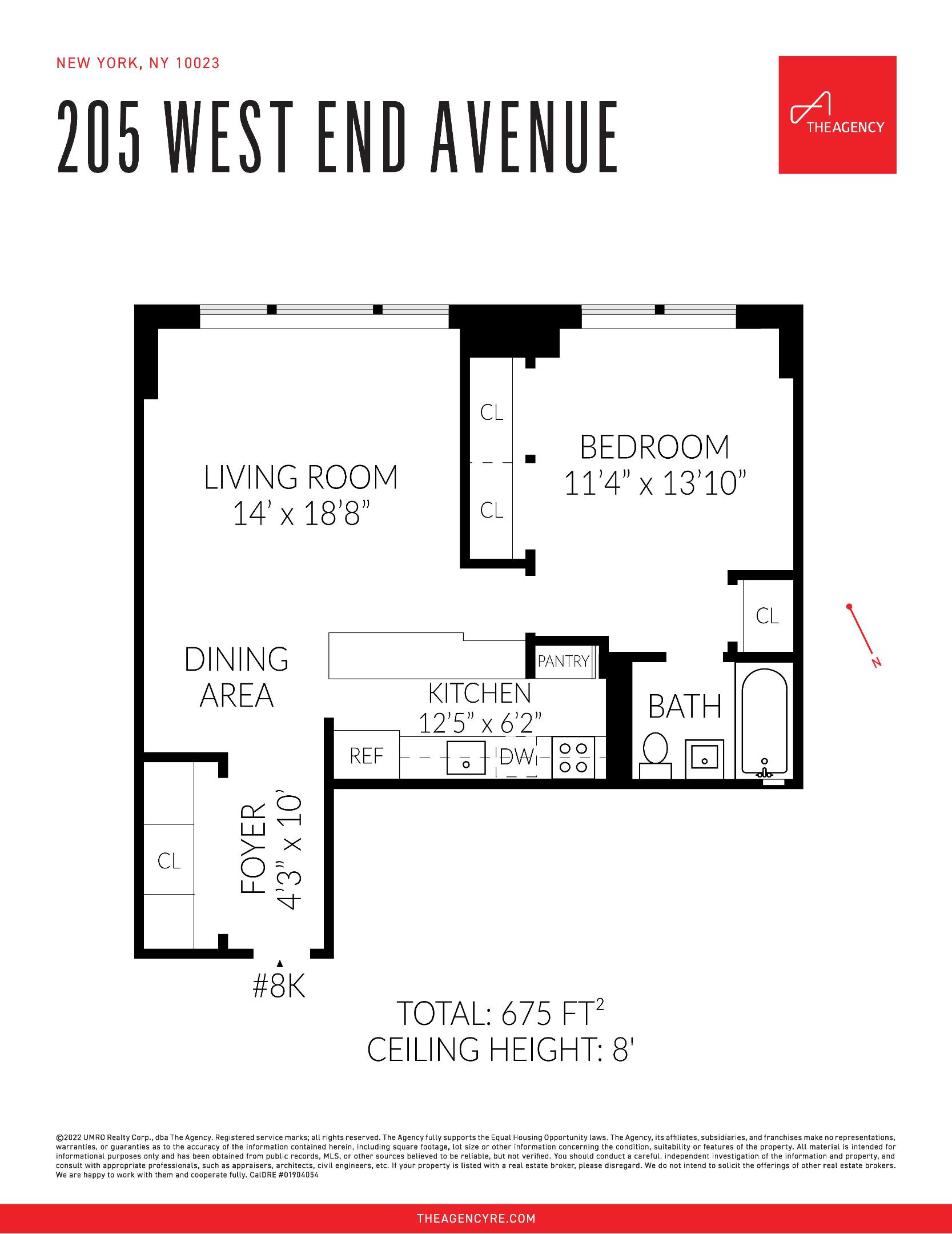 Floor plan for apartment 8K, showing a one-bedroom layout with a dining area and kitchen pantry.