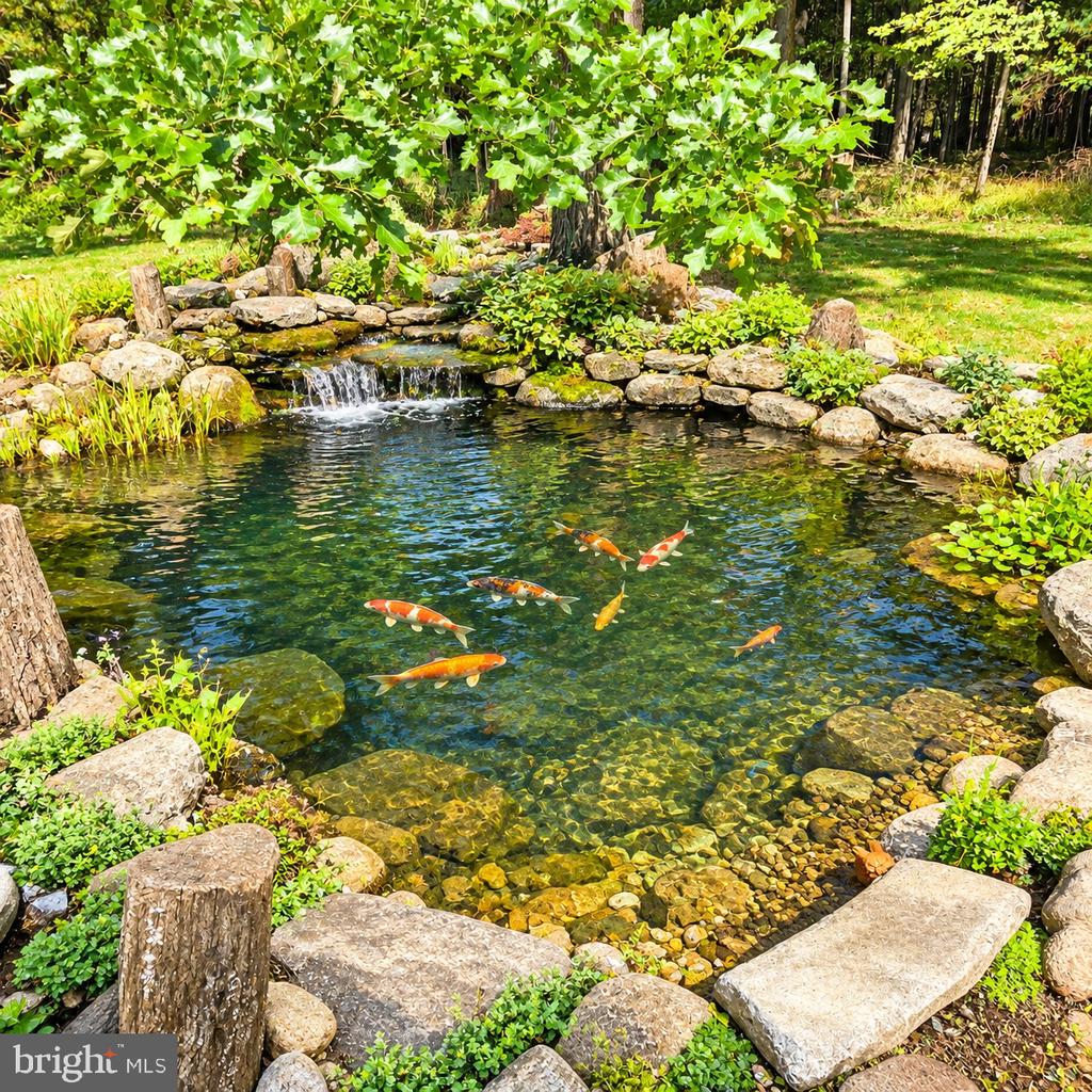Koi pond edged with stones, featuring a small waterfall and leafy landscaping.
