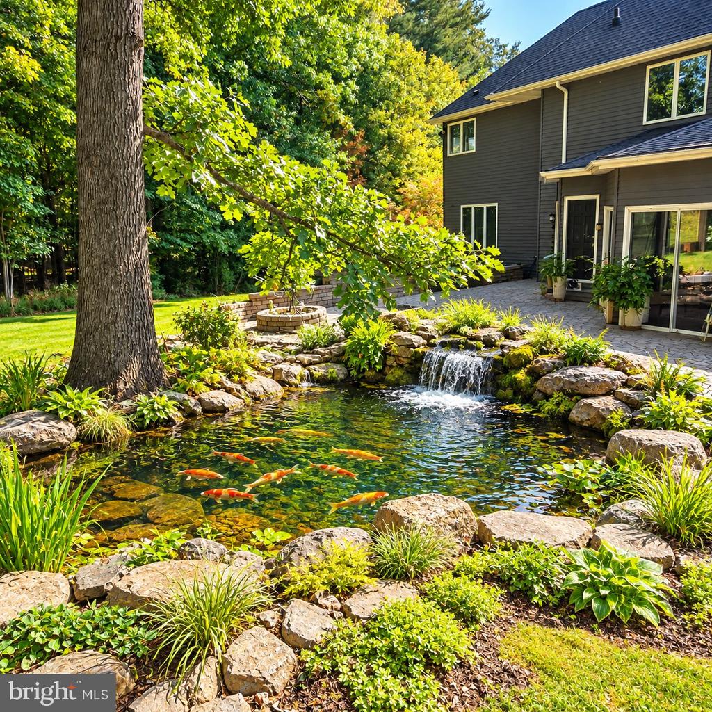Landscaped backyard with a koi pond, rock waterfall, and stone patio beside a two-story home.