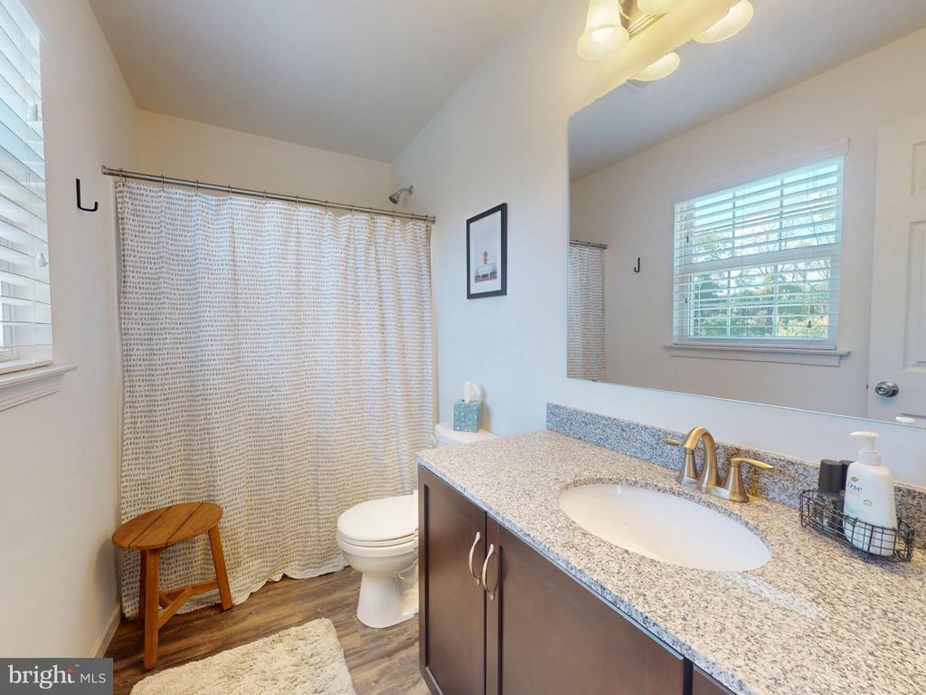 Bathroom with granite vanity, large wall mirror, patterned shower curtain, and wood-look flooring.