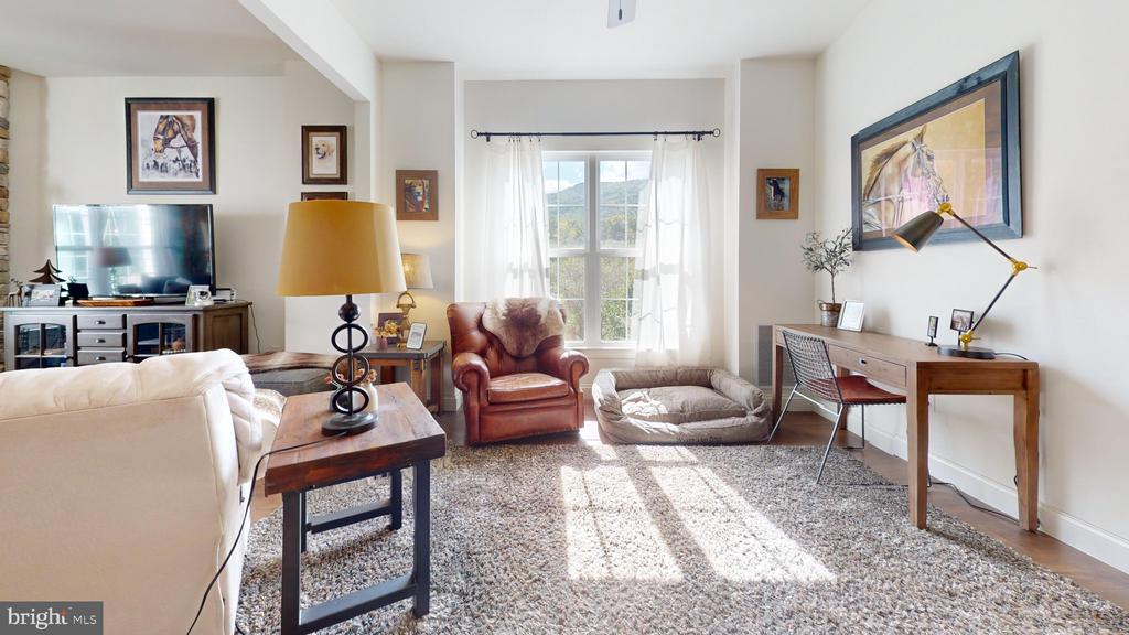 Living room with a leather armchair and large sunlit window overlooking trees.
