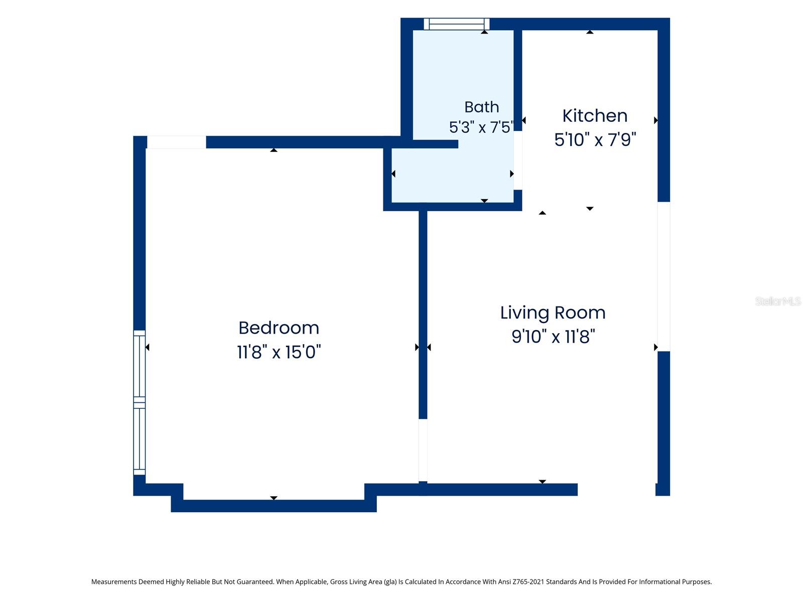 Floor plan with a bedroom, bathroom, kitchen, and living room labeled with dimensions.