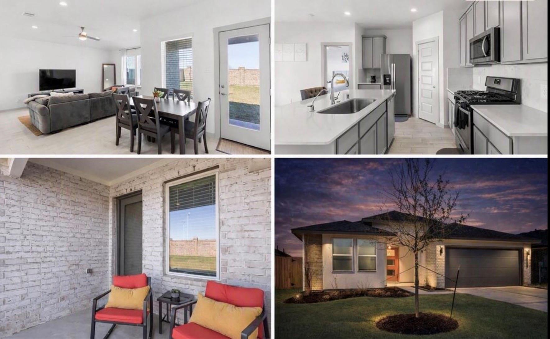Modern home with open living and dining area, large kitchen island, covered patio, and dusk exterior.
