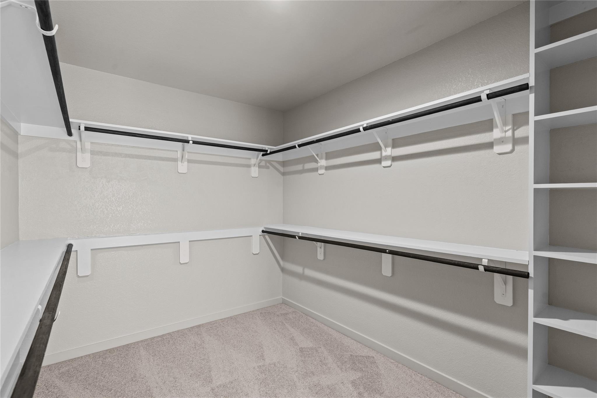 Empty walk-in closet with wraparound shelves, black hanging rods, and built-in cubbies.