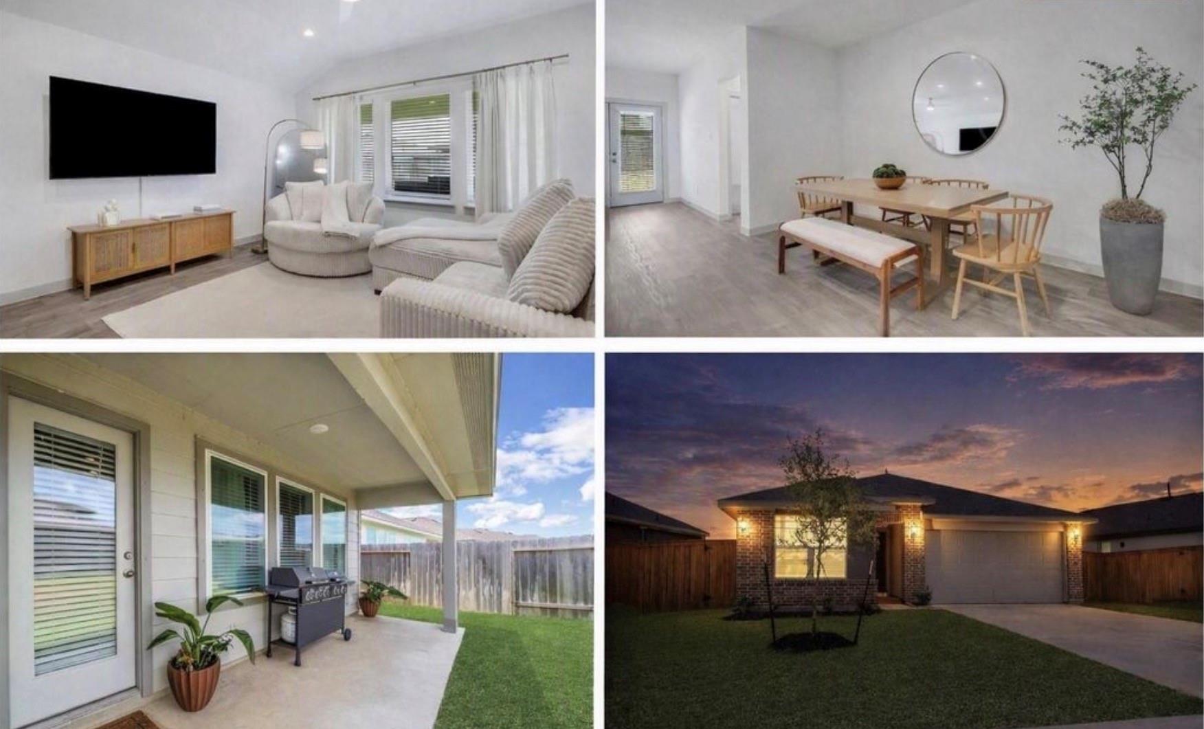 Home collage showing furnished living and dining areas, a covered patio, and the brick exterior at dusk.