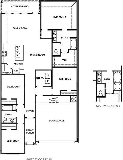 First-floor plan with four bedrooms, two bathrooms, a two-car garage, and an optional bathroom detail.