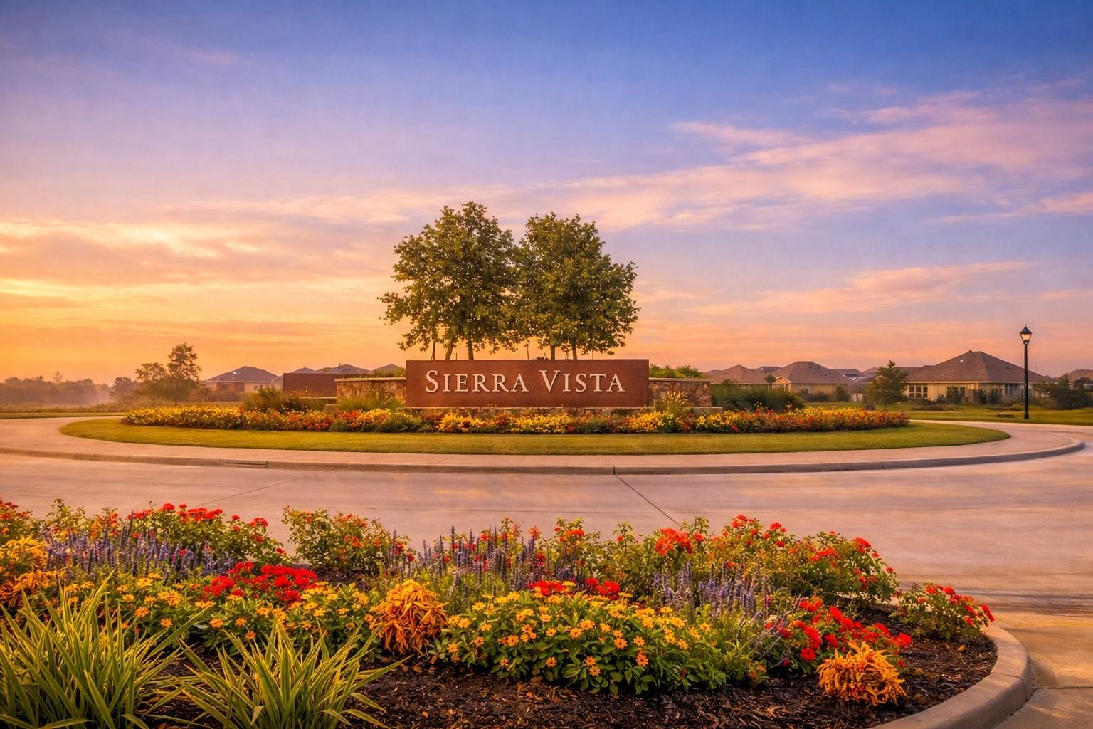 Sierra Vista entrance sign amid colorful flower beds at sunset.