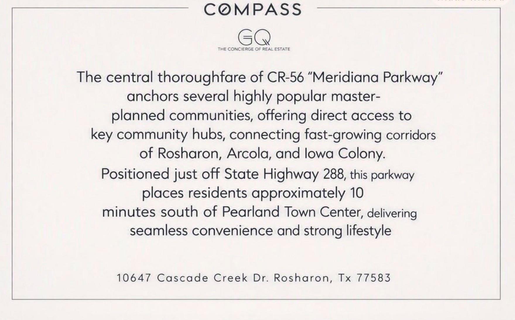 Compass and GQ property information for 10647 Cascade Creek Drive, Rosharon.