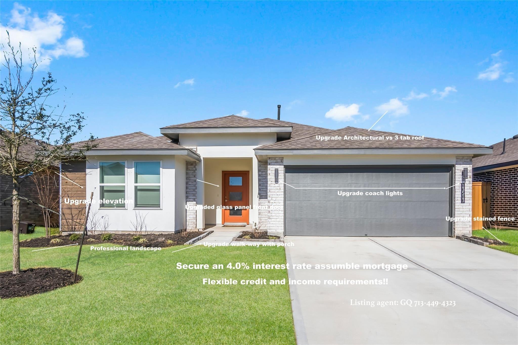 Single-story home with a gray double garage, orange glass-panel front door, and landscaped lawn.