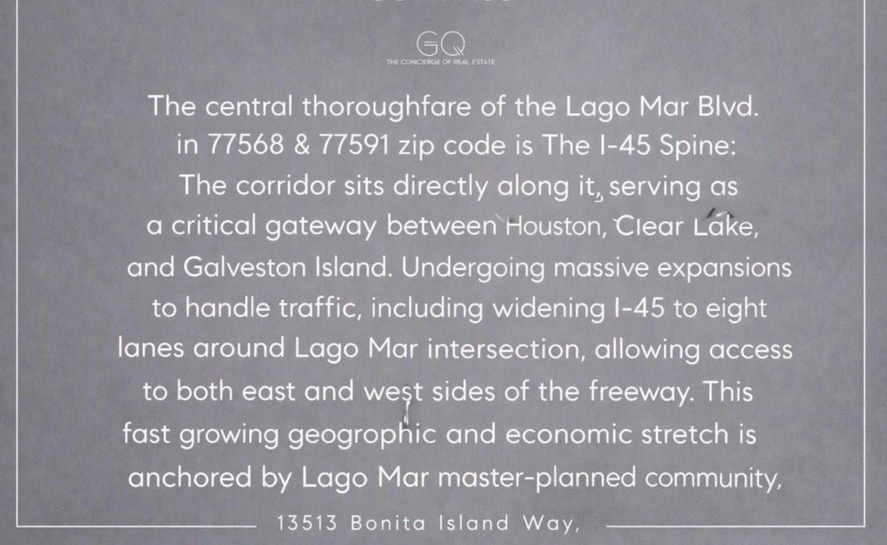 Promotional graphic describing the I-45 corridor and Lago Mar community near 13513 Bonita Island Way.