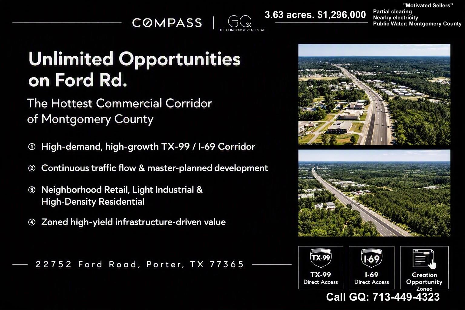 Commercial land flyer for 22752 Ford Road, featuring two aerial views and TX-99 and I-69 access.