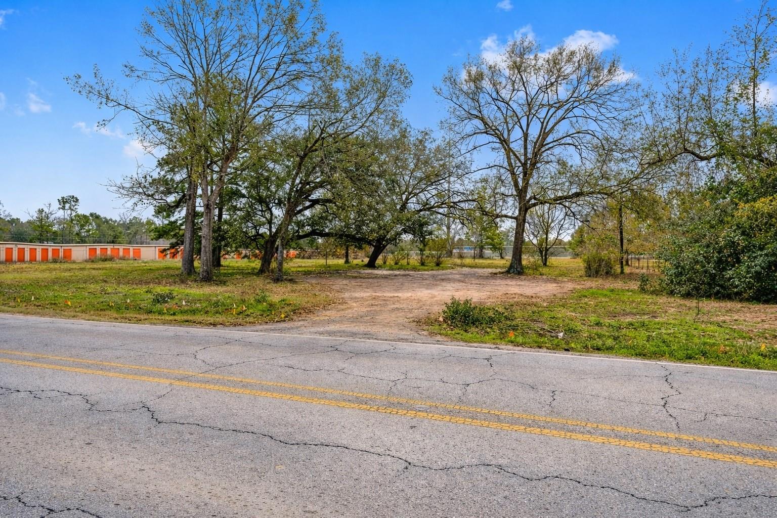 Wooded roadside lot with mature trees and a cleared dirt area.