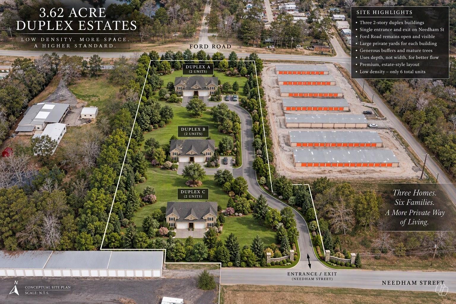 Aerial site plan showing three landscaped duplex buildings along a private drive between Ford Road and Needham Street.