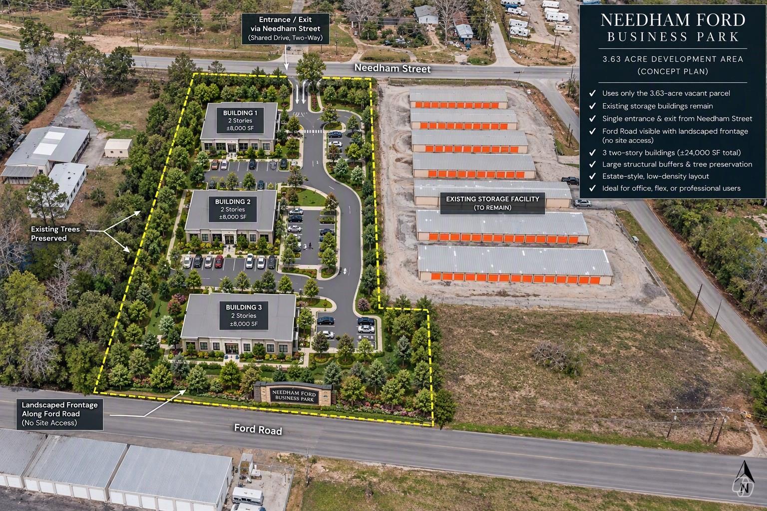 Aerial concept plan showing three proposed buildings, landscaping, parking, and existing storage facilities.