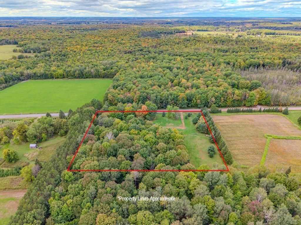 Aerial view of a wooded property outlined in red, with open fields and a road nearby.