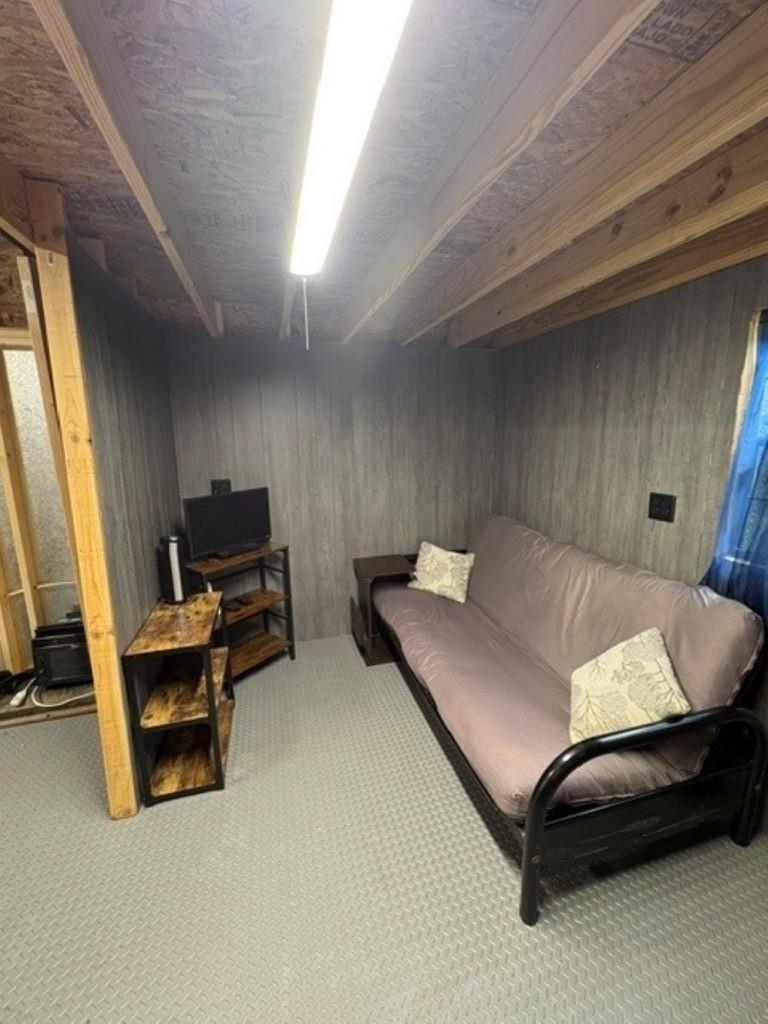 Basement sitting room with a futon sofa, television, and exposed ceiling joists.