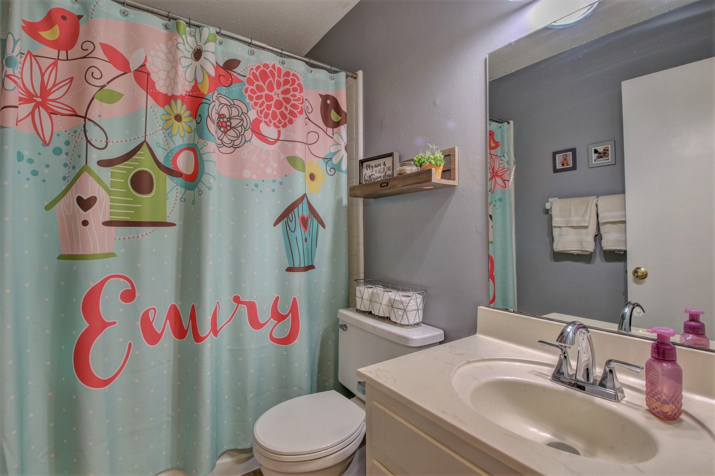 Bathroom with a white vanity, large mirror, and colorful birdhouse-print shower curtain.