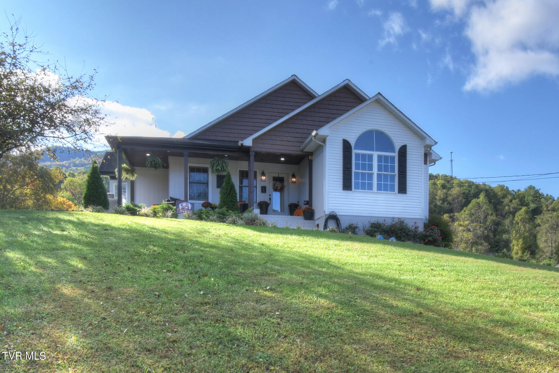 Home with a covered porch and arched window above a sloping lawn.