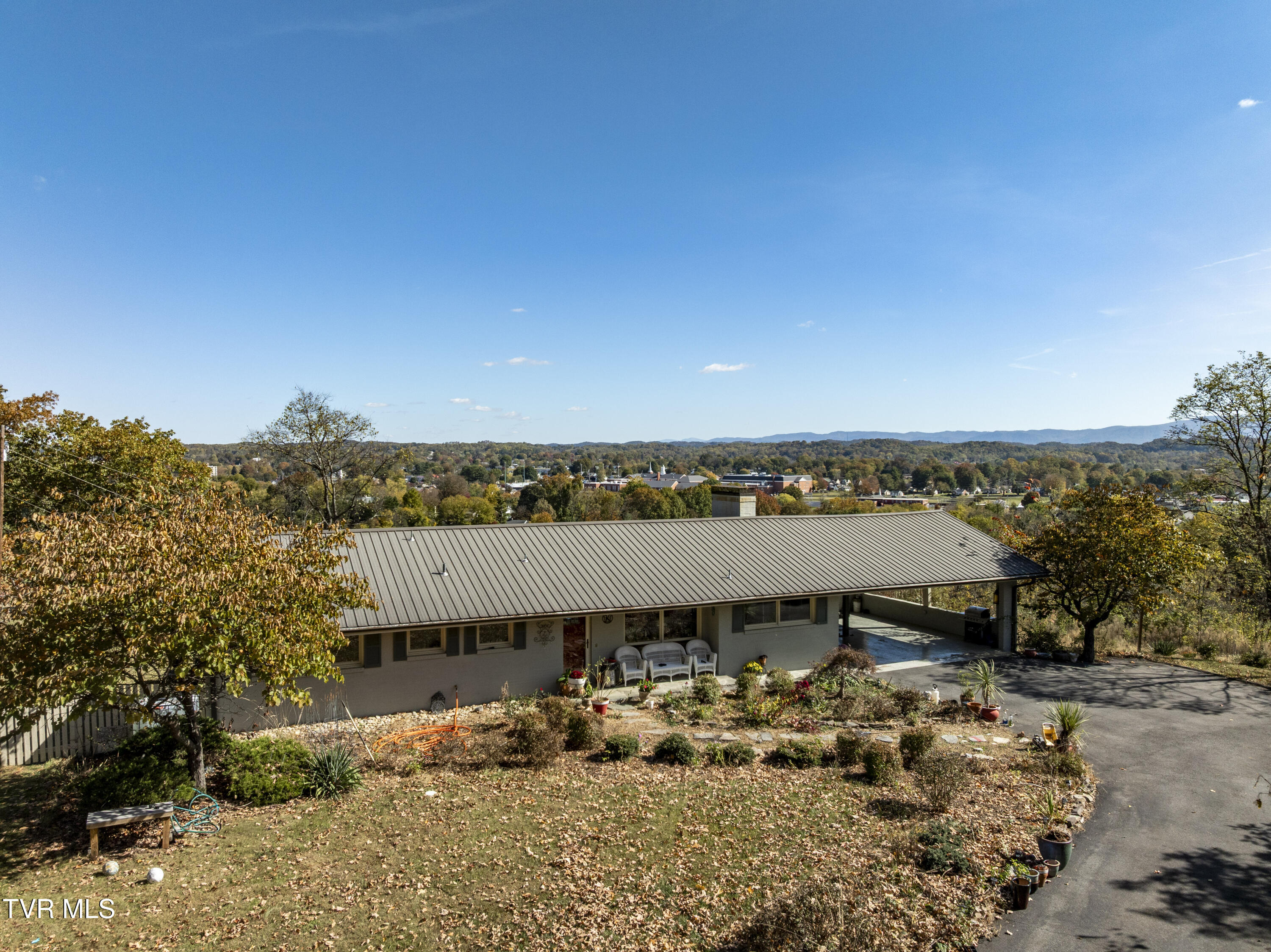 Single-story home with a metal roof, landscaped yard, and distant mountain ridgeline.