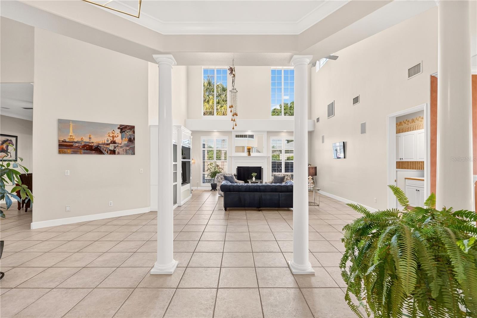 Double-height living room with white columns, tiled floors, tall windows, and a fern in the foreground.