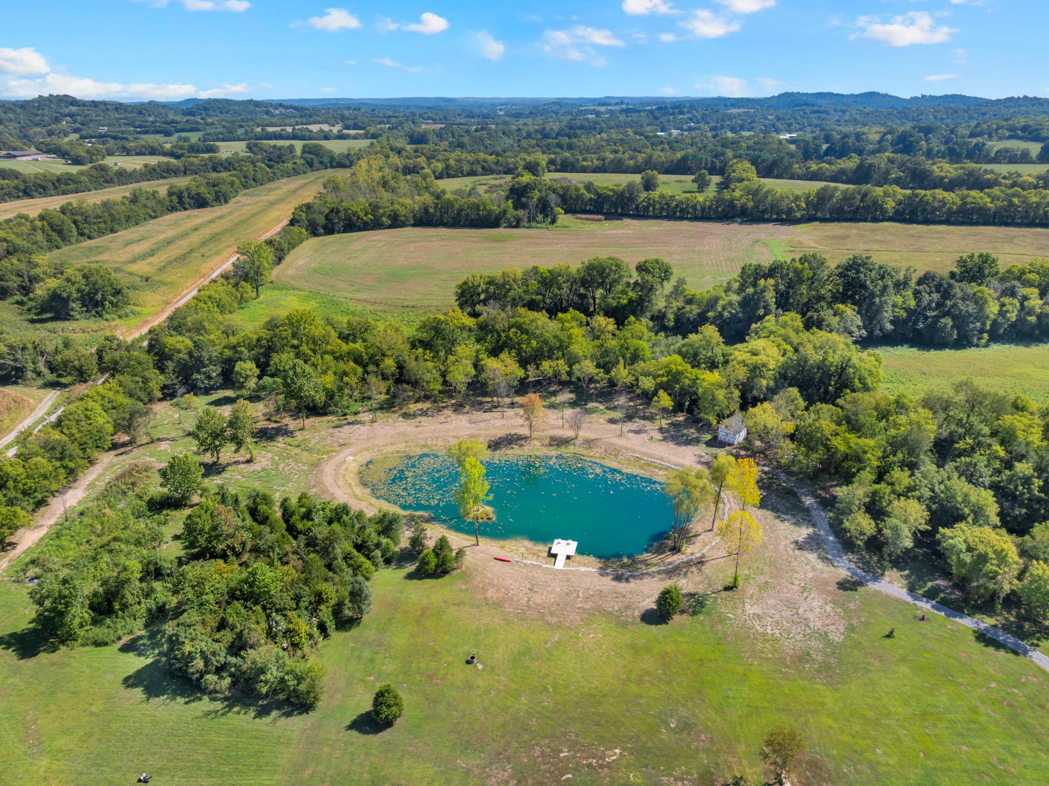 Aerial view of rural acreage with a large pond, open fields, and wooded areas.