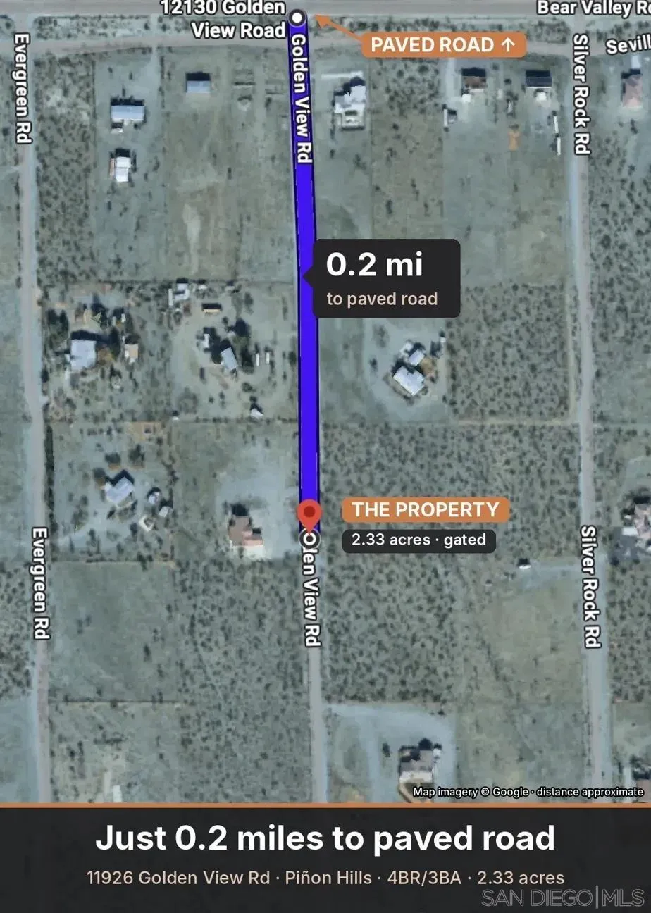 Map showing 11926 Golden View Road, 0.2 miles from a paved road.