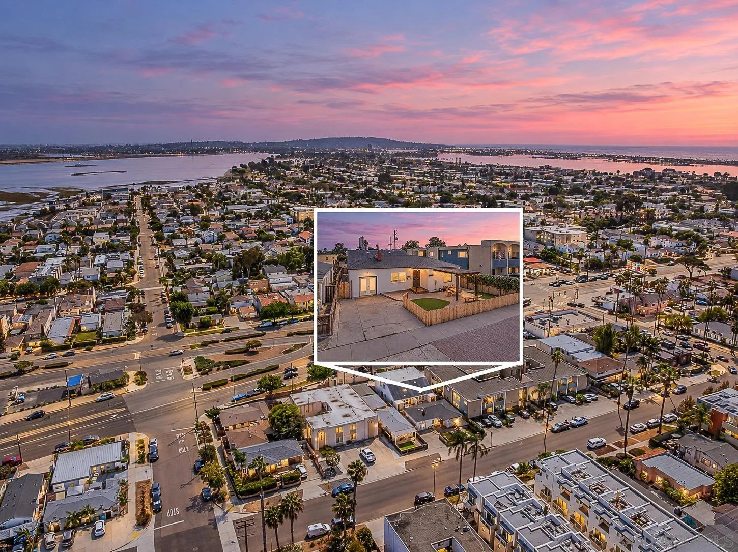 Aerial coastal neighborhood beside the bay at sunset, with a home inset.