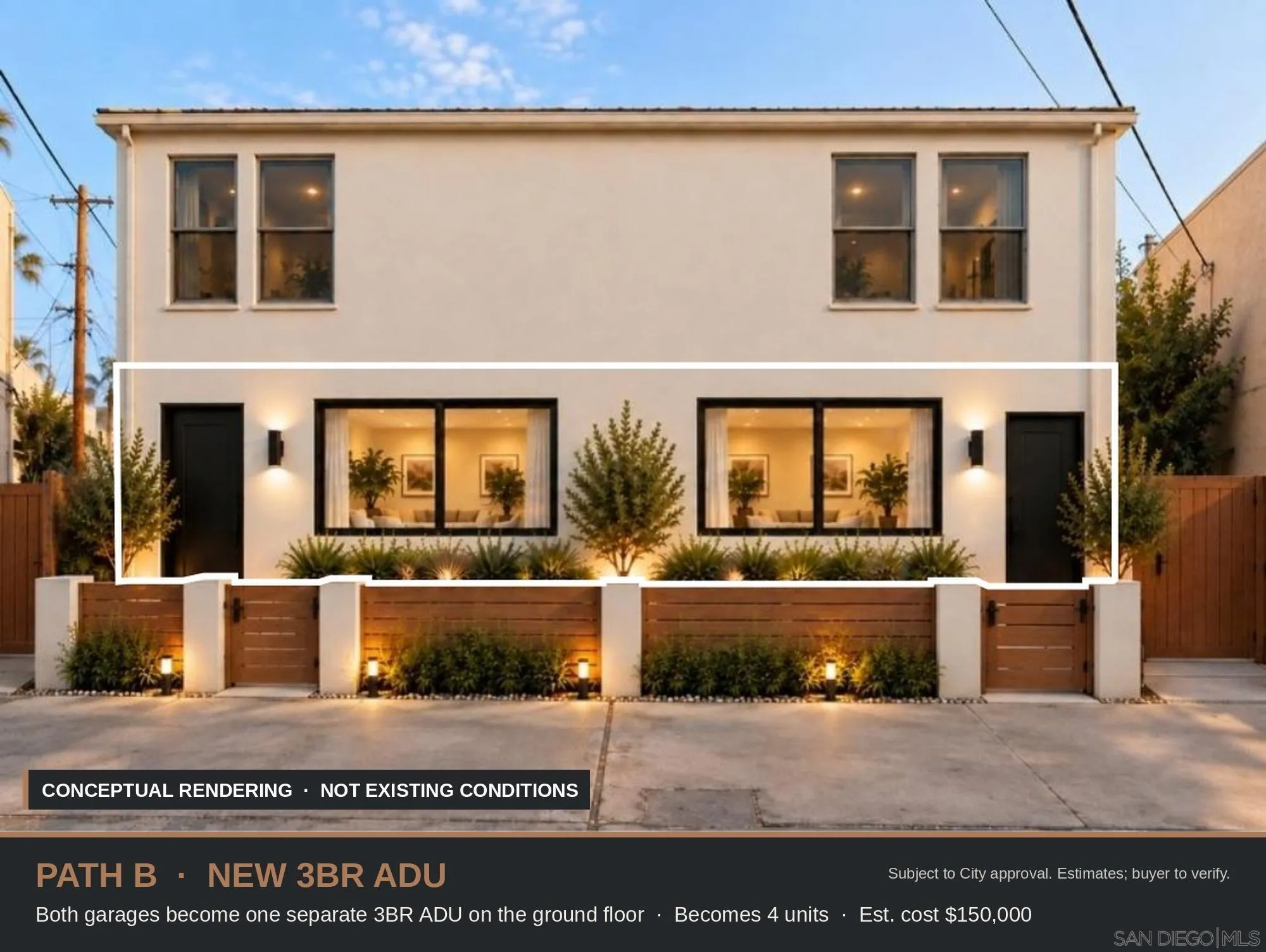 Concept rendering of a two-story property showing a proposed three-bedroom ADU conversion.