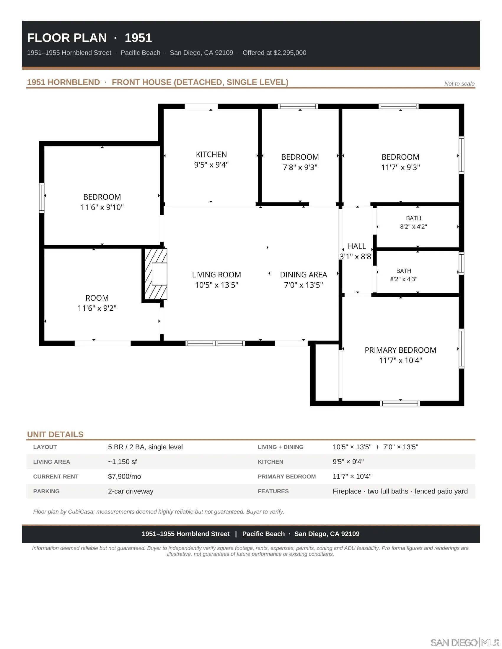 Floor plan for the single-level, five-bedroom front house at 1951 Hornblend Street.