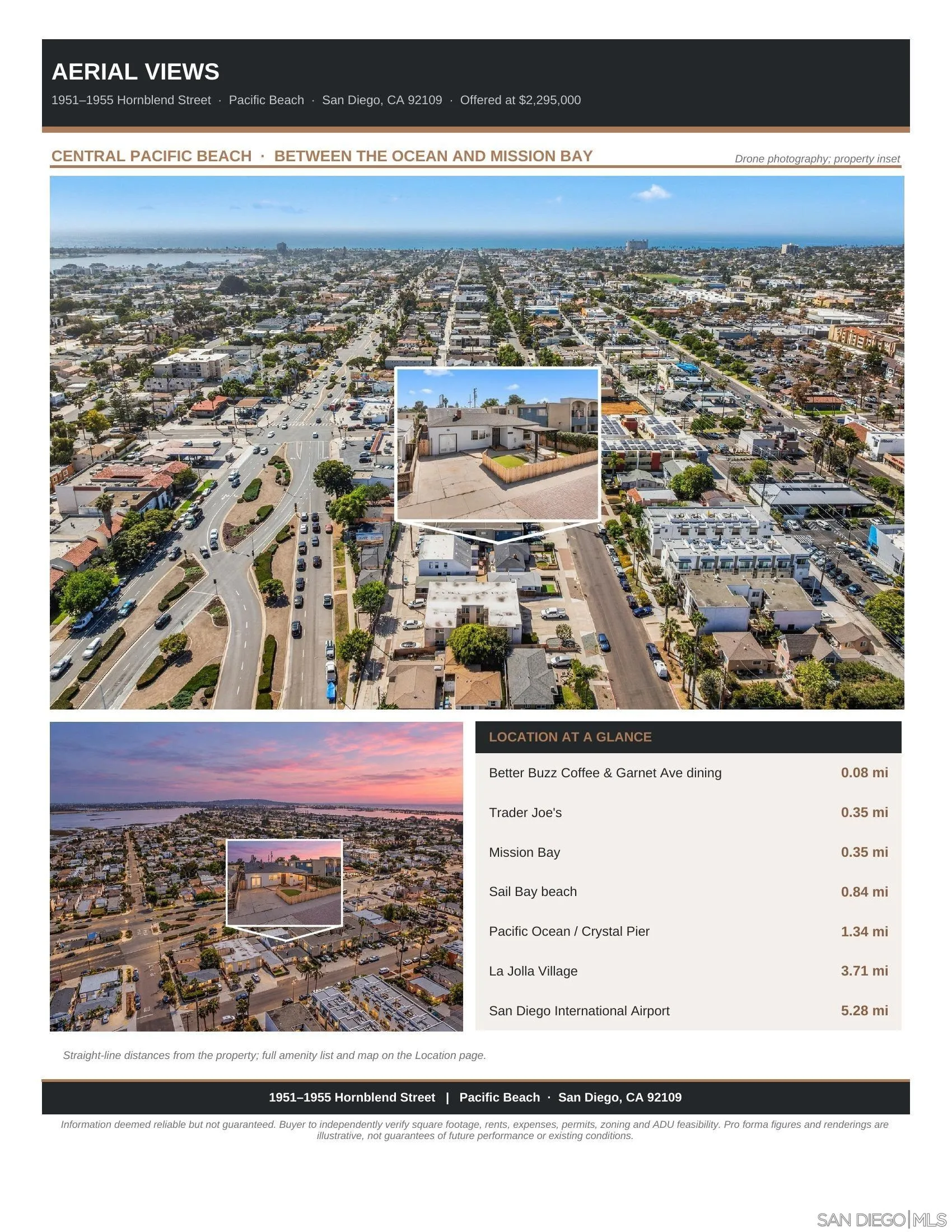 Aerial views flyer for 1951–1955 Hornblend Street in Pacific Beach, San Diego.