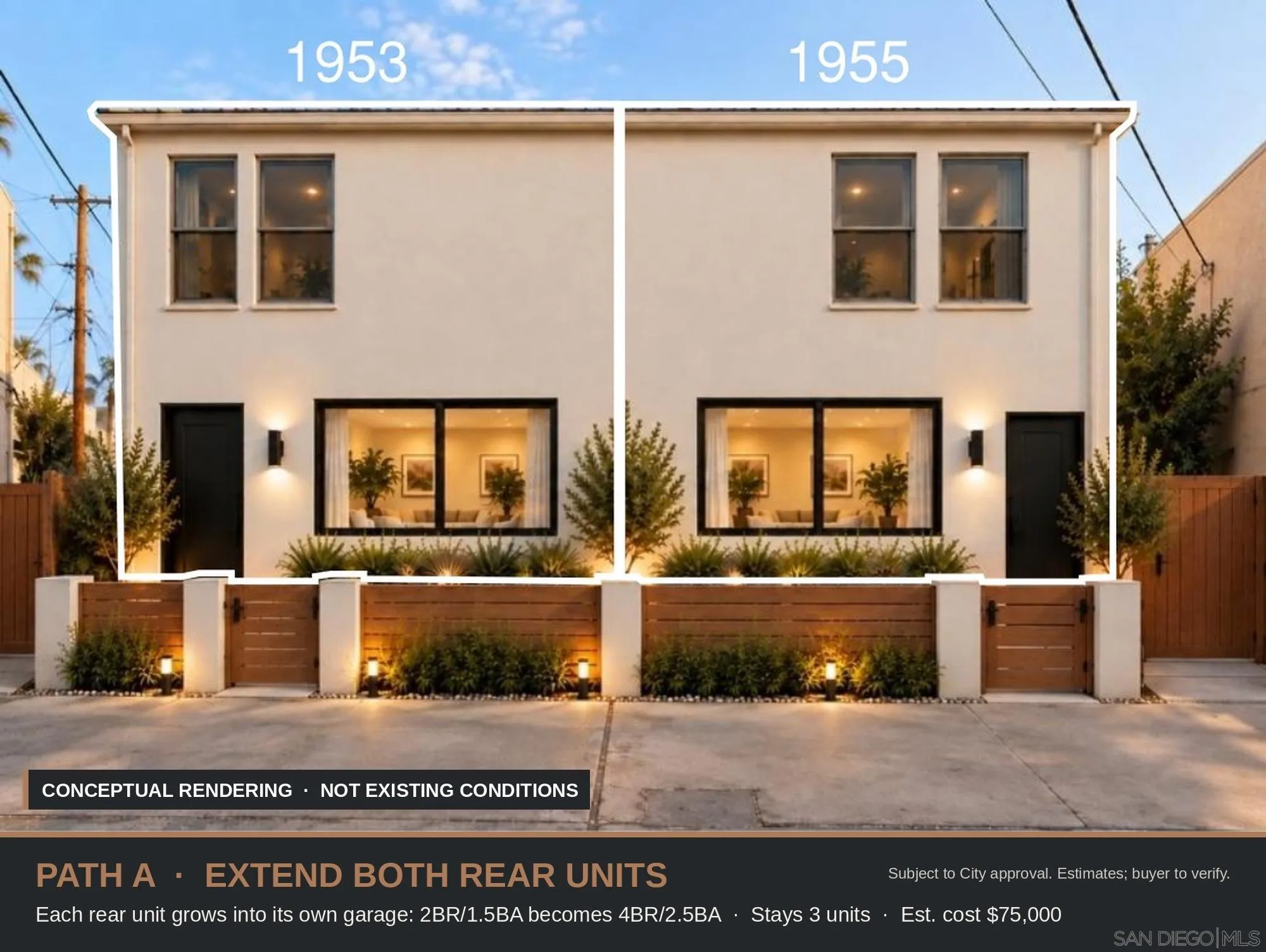 Conceptual rendering of two rear units extended into garages, with proposed bedroom additions and estimated cost.