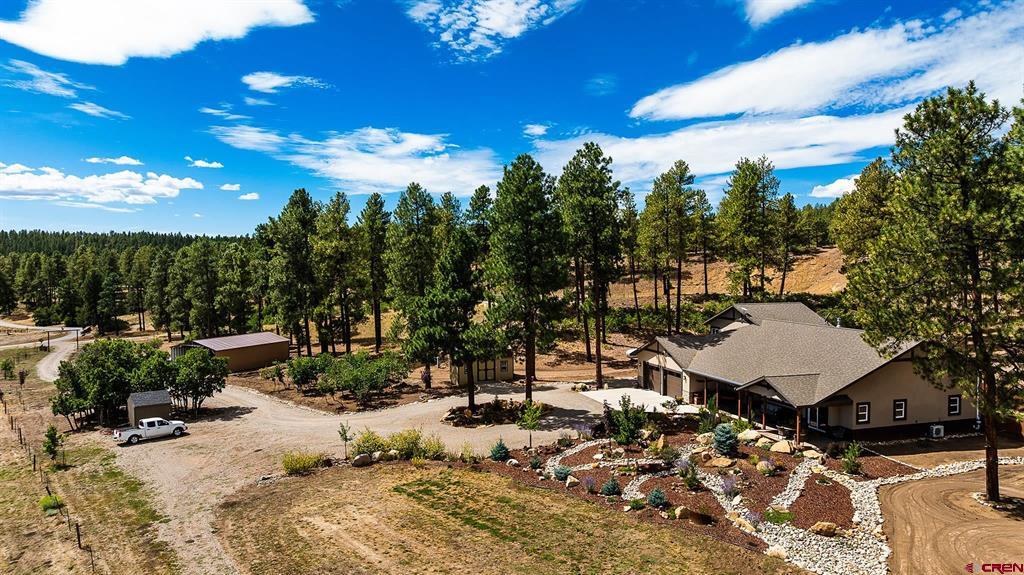 Aerial view of a home among pine trees, with a gravel drive and landscaped yard.