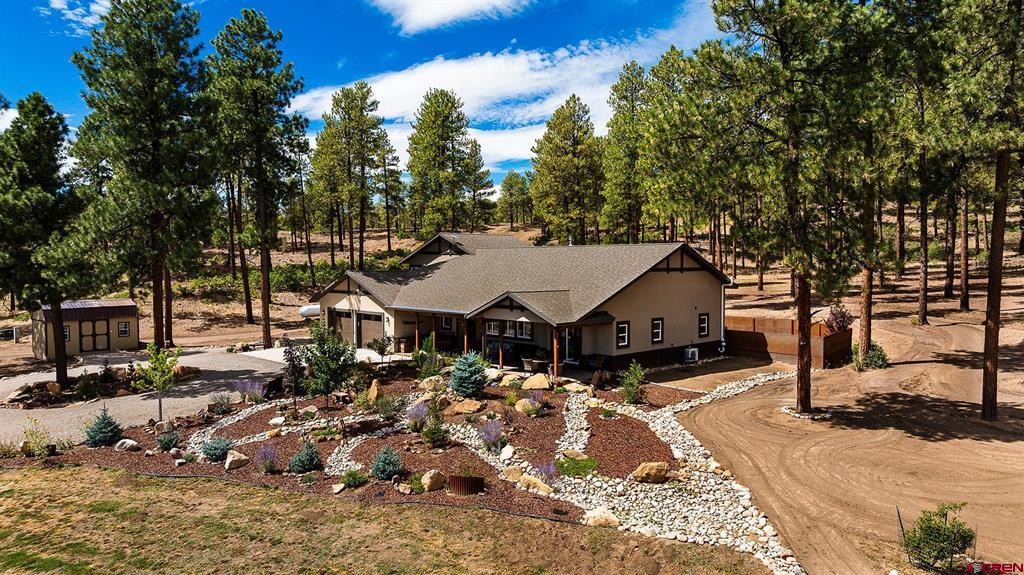 Single-story home among pine trees, with landscaped grounds and a curving dirt driveway.