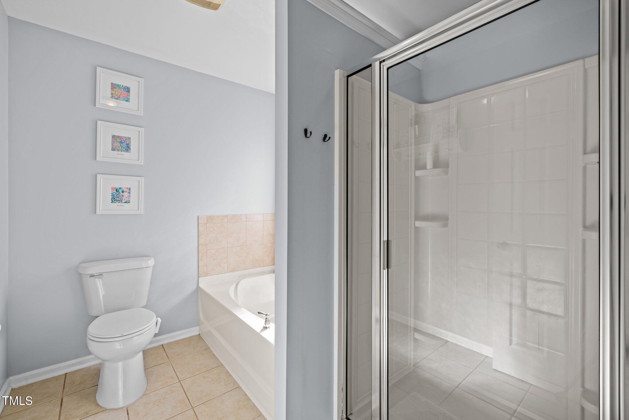 Bathroom with a glass-enclosed tiled shower, bathtub, and toilet.