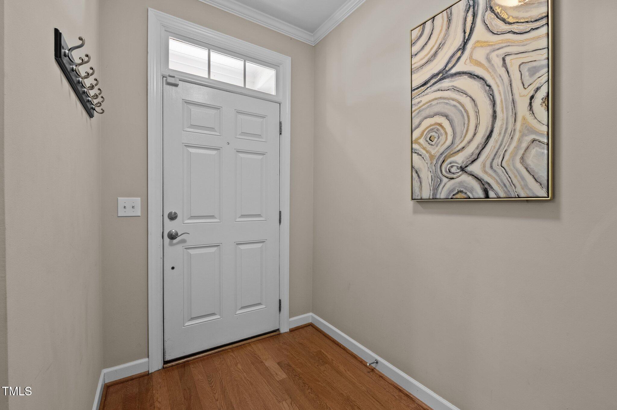 Entryway with a white paneled front door, hardwood floor, coat rack, and abstract artwork.