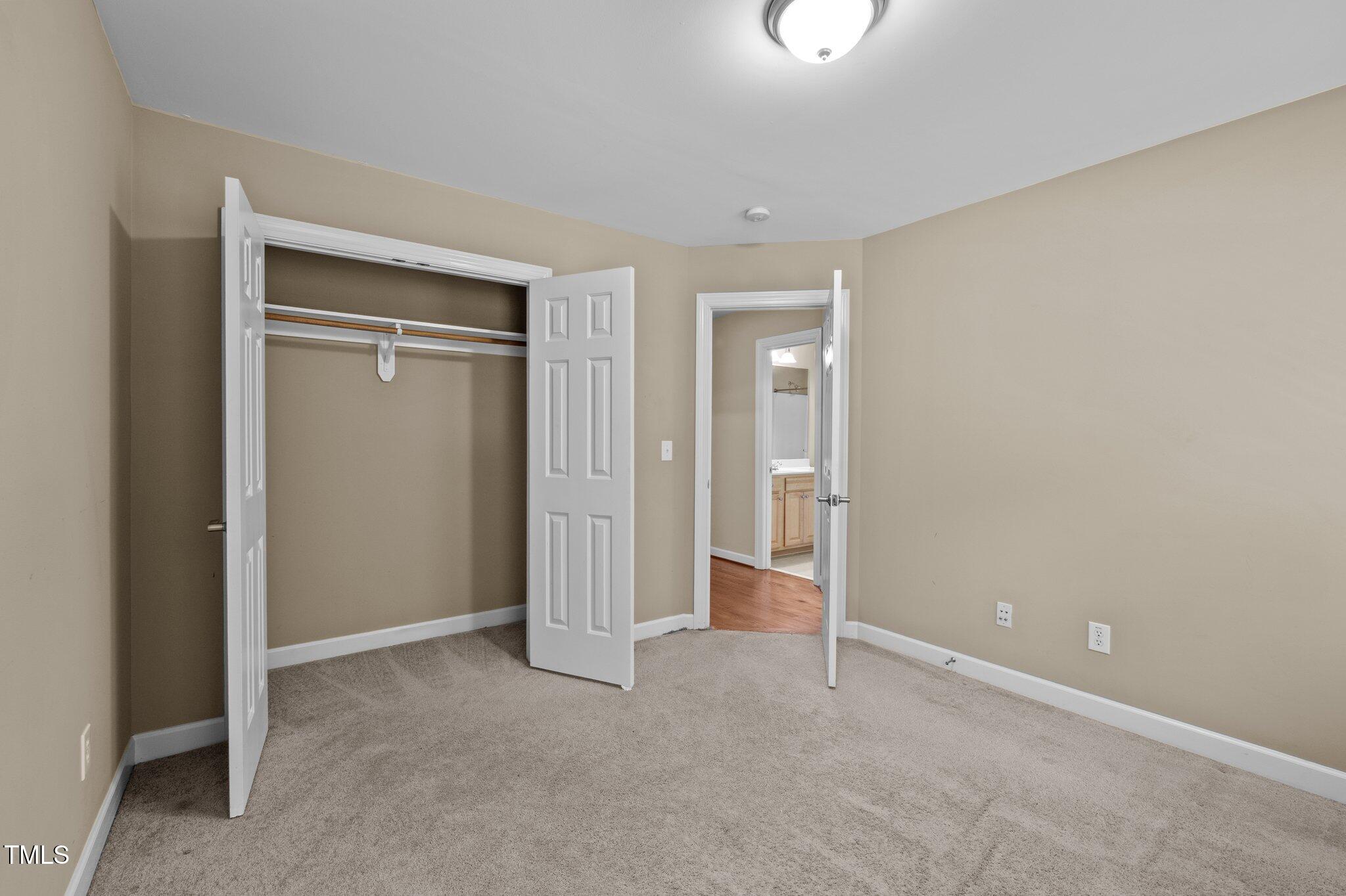 Empty carpeted bedroom with an open closet and a bathroom vanity visible through the doorway.
