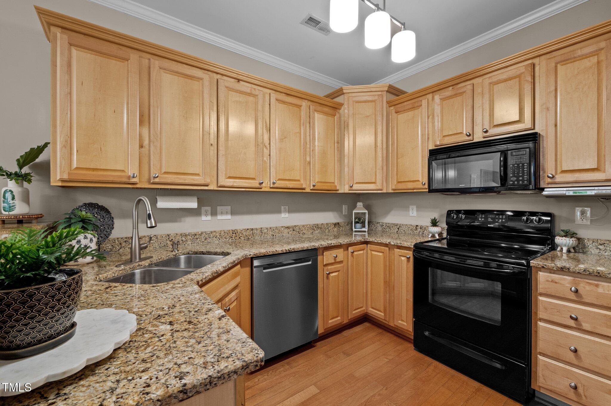 Kitchen with light wood cabinets, granite counters, black appliances, and a double-basin sink.
