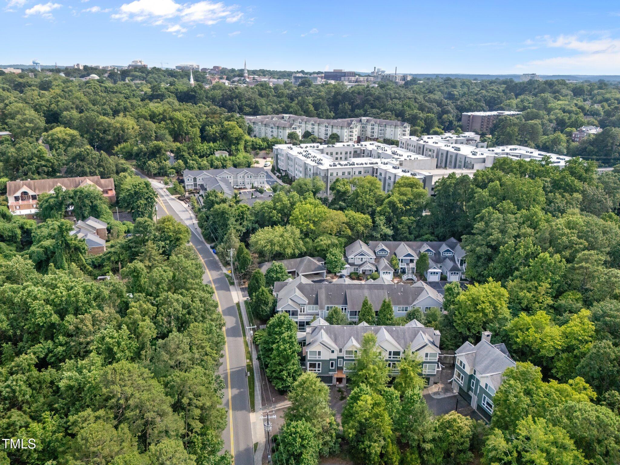 Aerial view of residential buildings amid dense trees, with a road and distant city skyline.