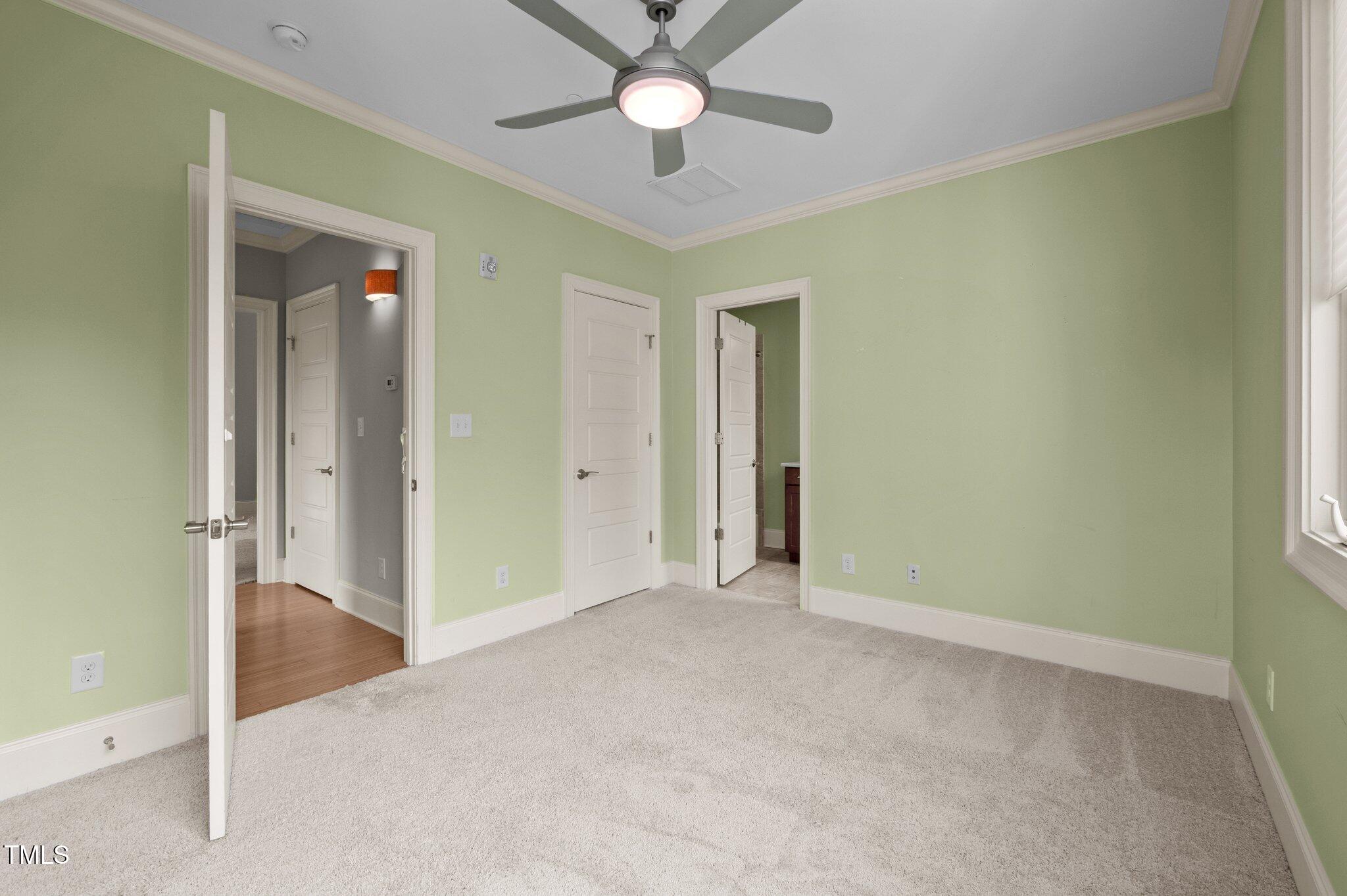 Empty bedroom with pale green walls, beige carpet, and a ceiling fan with light.