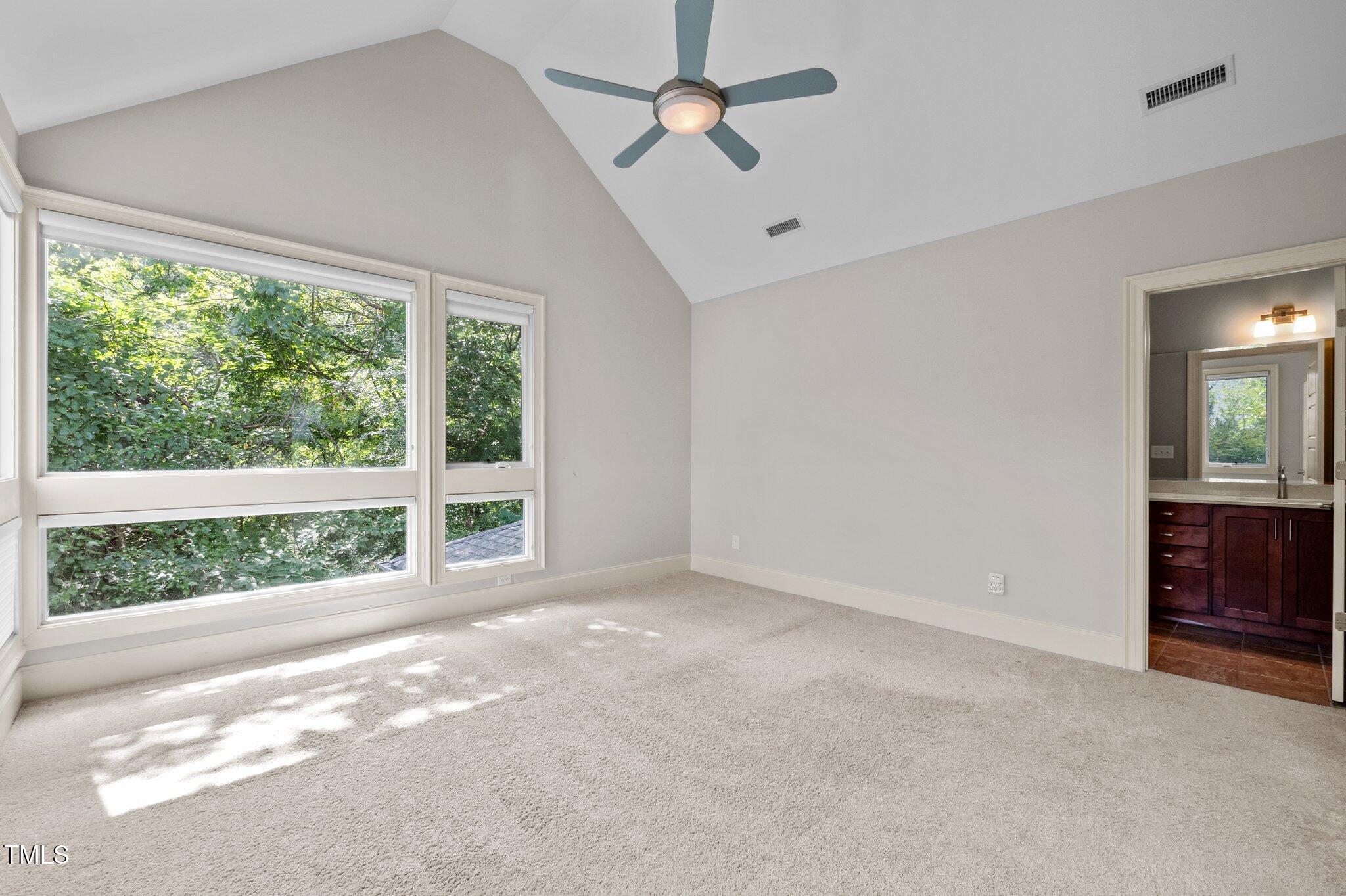Empty bedroom with vaulted ceiling, large leafy-view windows, and an adjoining bathroom vanity.