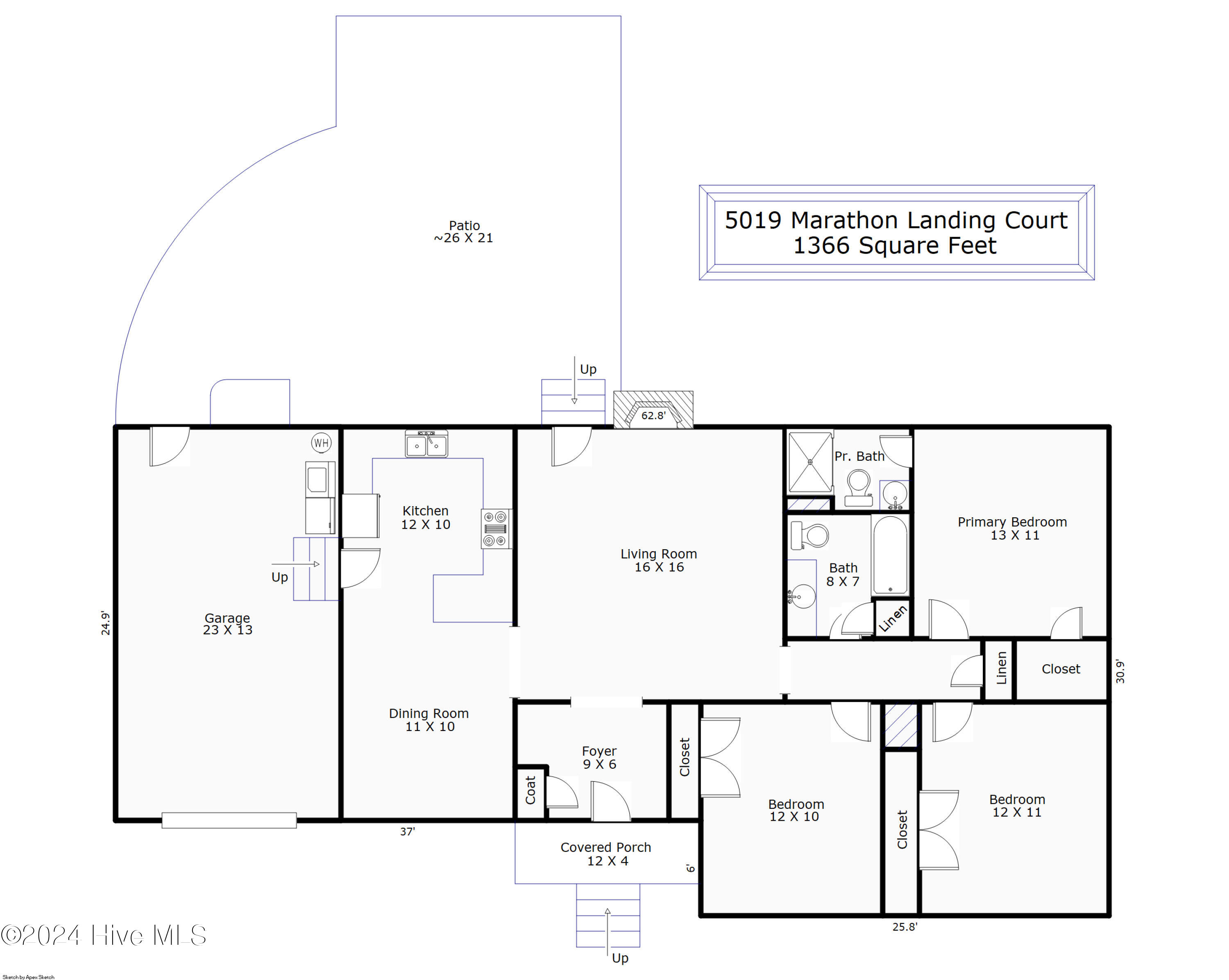 Floor plan for 5019 Marathon Landing Court, showing three bedrooms, two bathrooms, garage, patio, and covered porch.